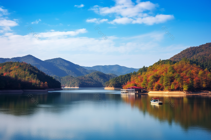 蓝天白云下远山近水小船悠悠自然美景,高清,摄影图,摄影图片,图片大全,摄影图免费下载